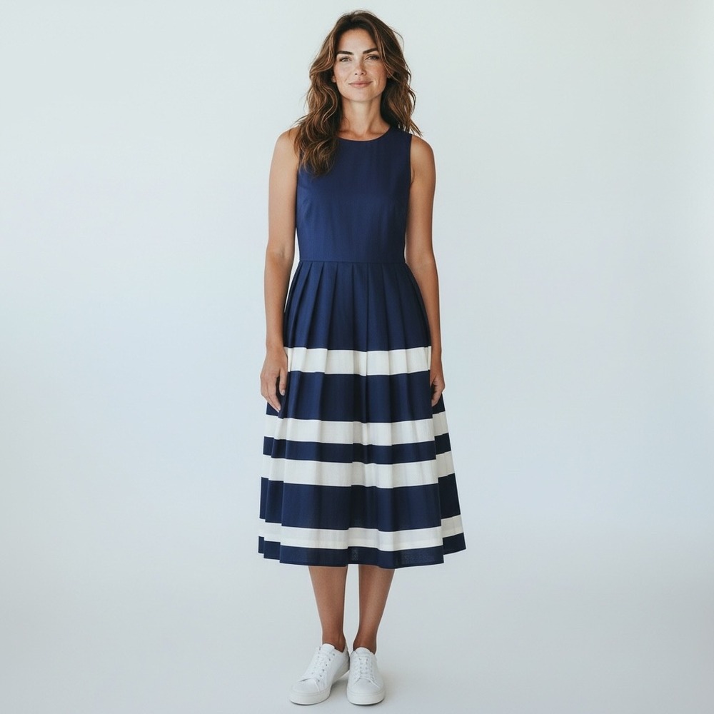 Nautical Coastal Striped Dress Talbots 4 Navy Blue White 100% Cotton‎ Voile